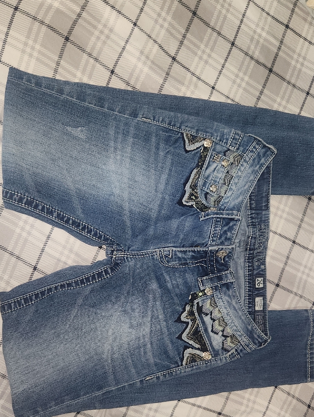 Miss Me Skinny Jeans in Medium Blue with Embroidered Pockets